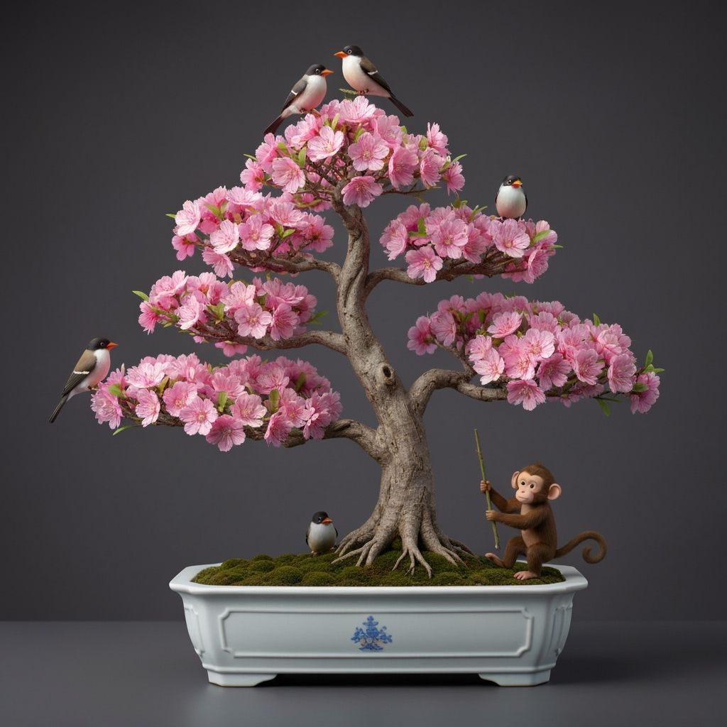 Photorealistic Bonsai Tree in Bloom with Birds and Monkeys