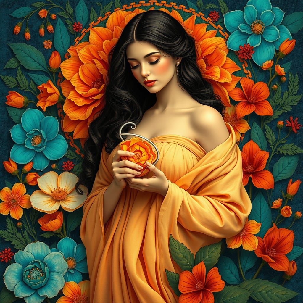 Elegant Goddess Amidst Vibrant Floral Splendor