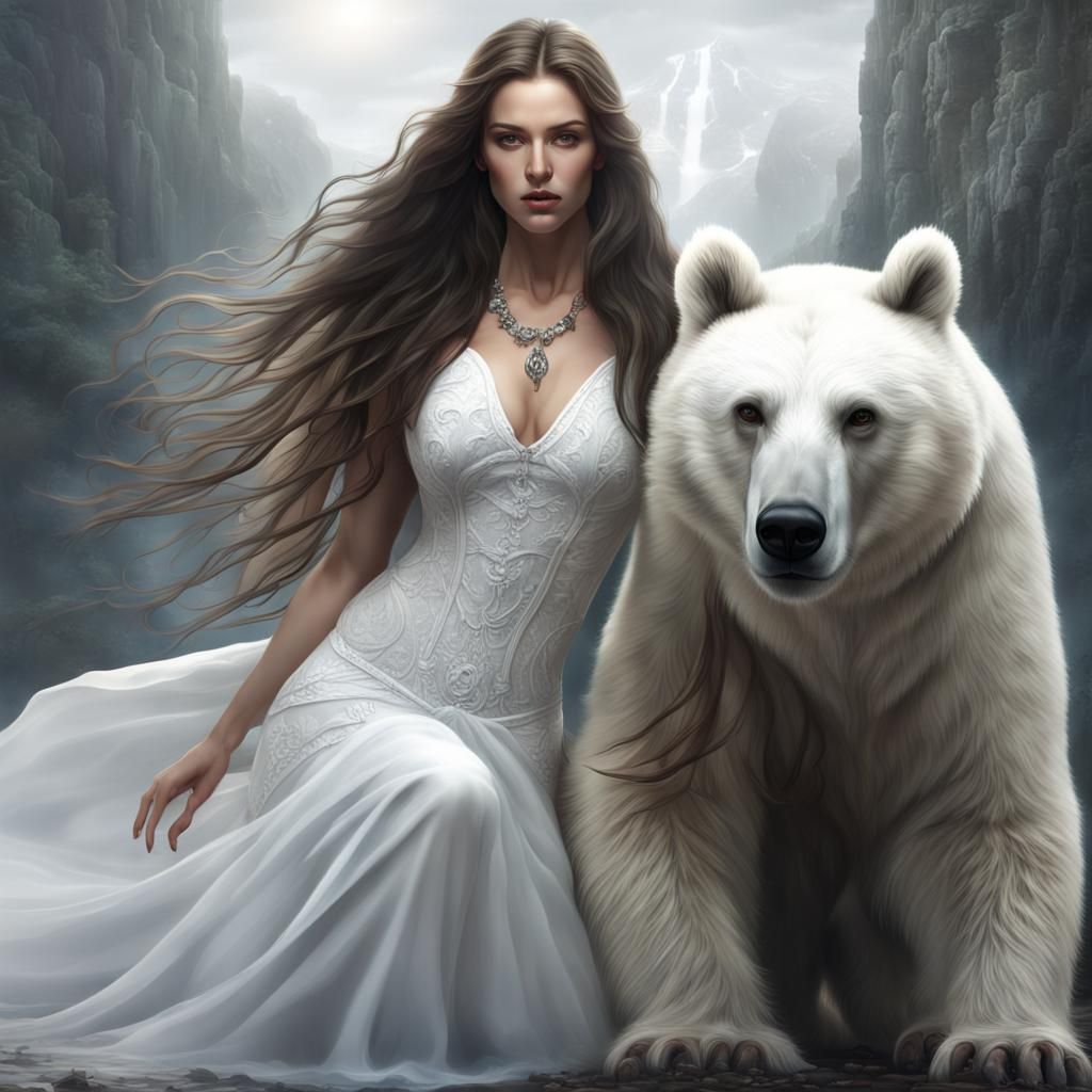 a very beautiful lady in white with very long hair and a whi...