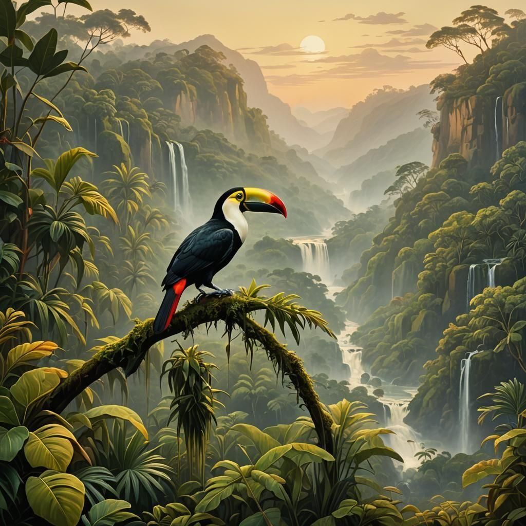 Twilight haze in rainforest  by @PogAI