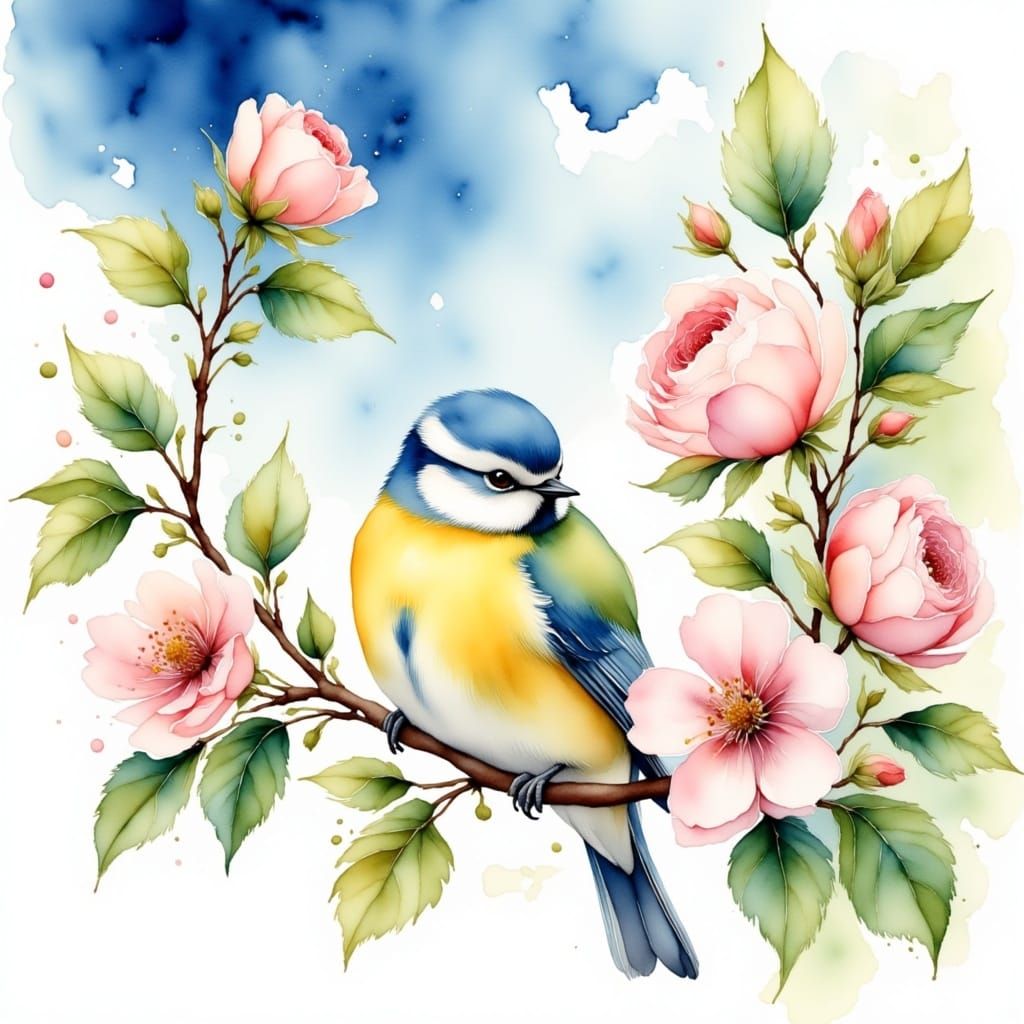 <lora:WATERCOLOUR STYLE:1.0> a beautiful blue and yellow tit bird sitting on a branch of a tree of a blossoming apple tree, beautiful colour...