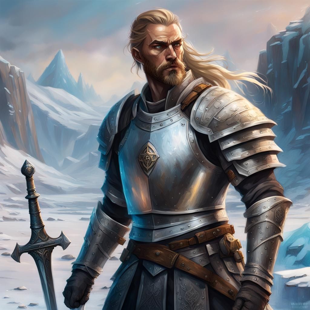 Epic D&D male paladin, long blonde ponytail, weathered plate armor ...