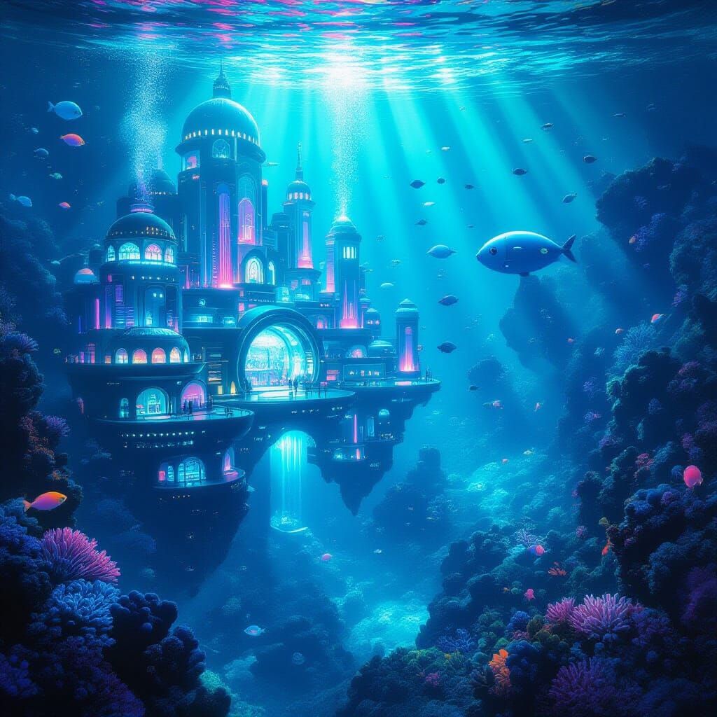 A vibrant, underwater city built within a colossal coral reef, illuminated by bioluminescent marine life ...  by @Shelly