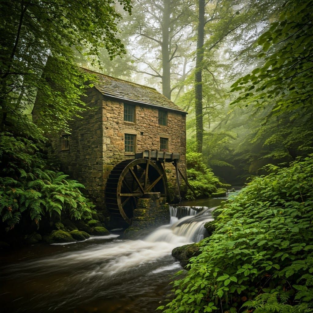 In a British wood along a bubbling river an old Stone house with a waterwheel. Water streaming over it. ...  by @HarrietM