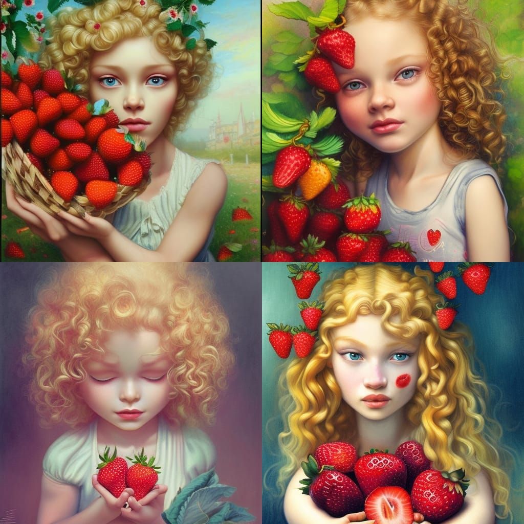 Cute Blonde girl with curls and locks sells Strawberries in a fruit ...