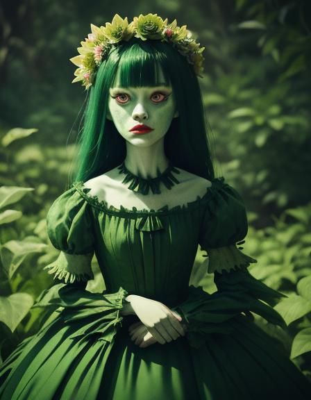 Monster doll woman with beautiful green leafs with flowers d...