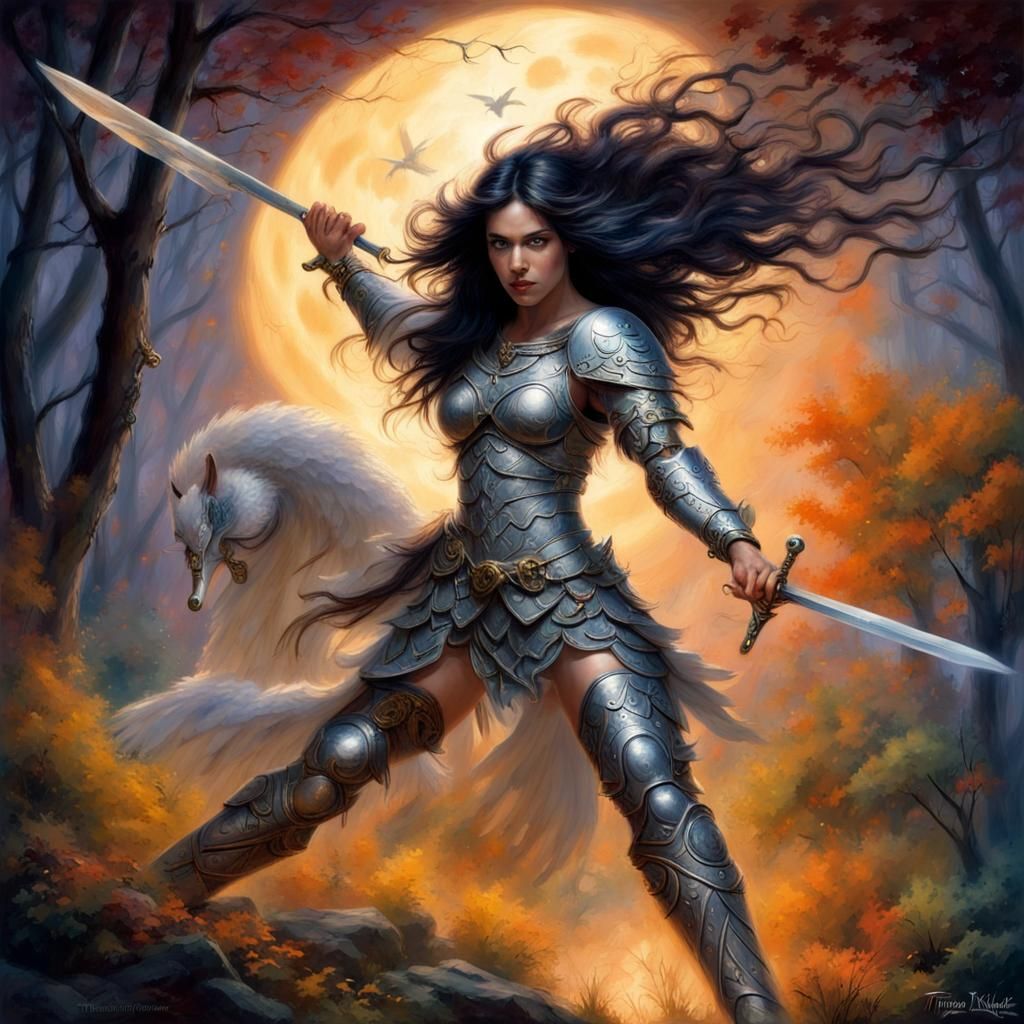 Female Fighting Angel Warrior Flying With Long Black Hair Covering 