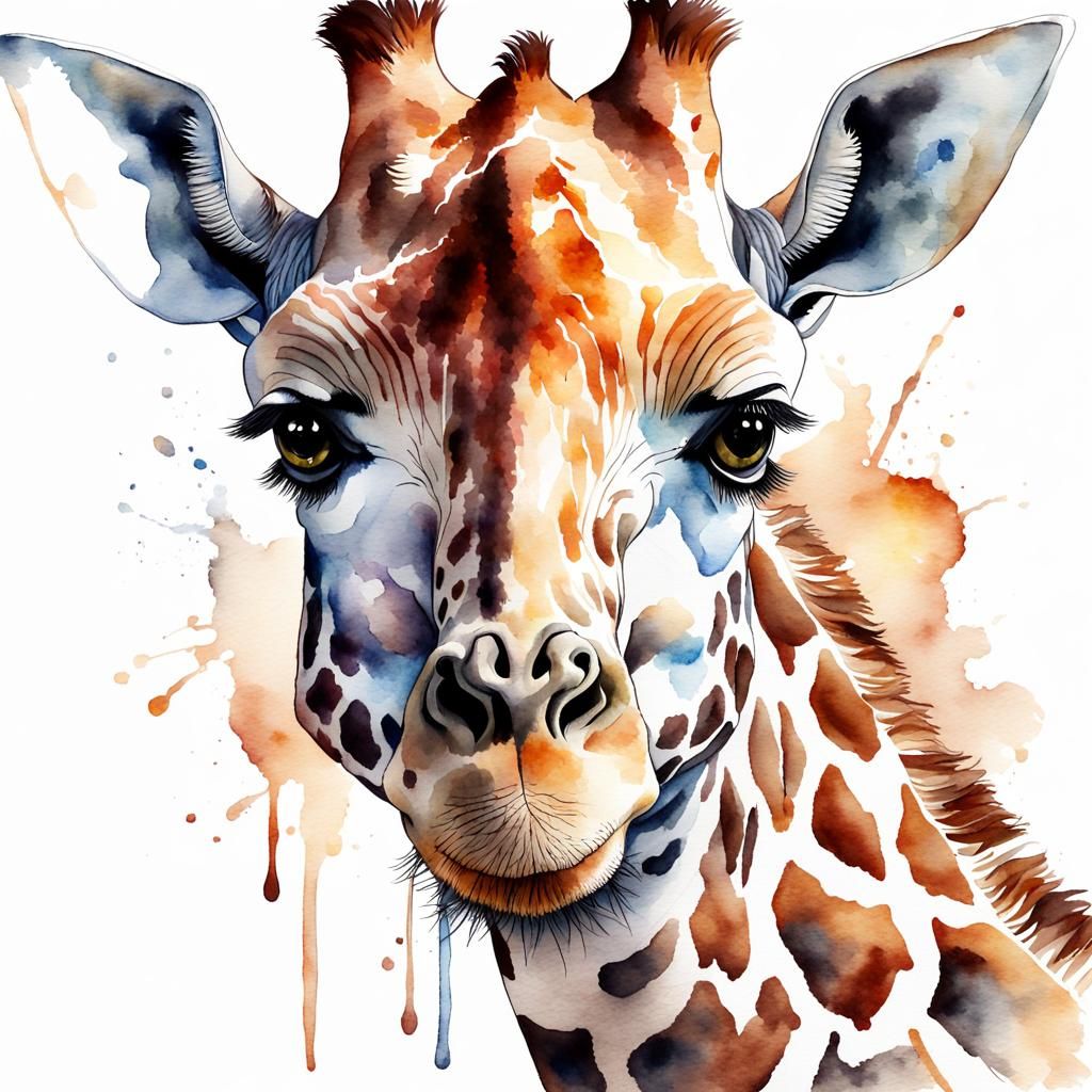 watercolor painting of a majestic giraffe, beautiful and graceful, head only, beautiful shining eyes ...  by @whiterose