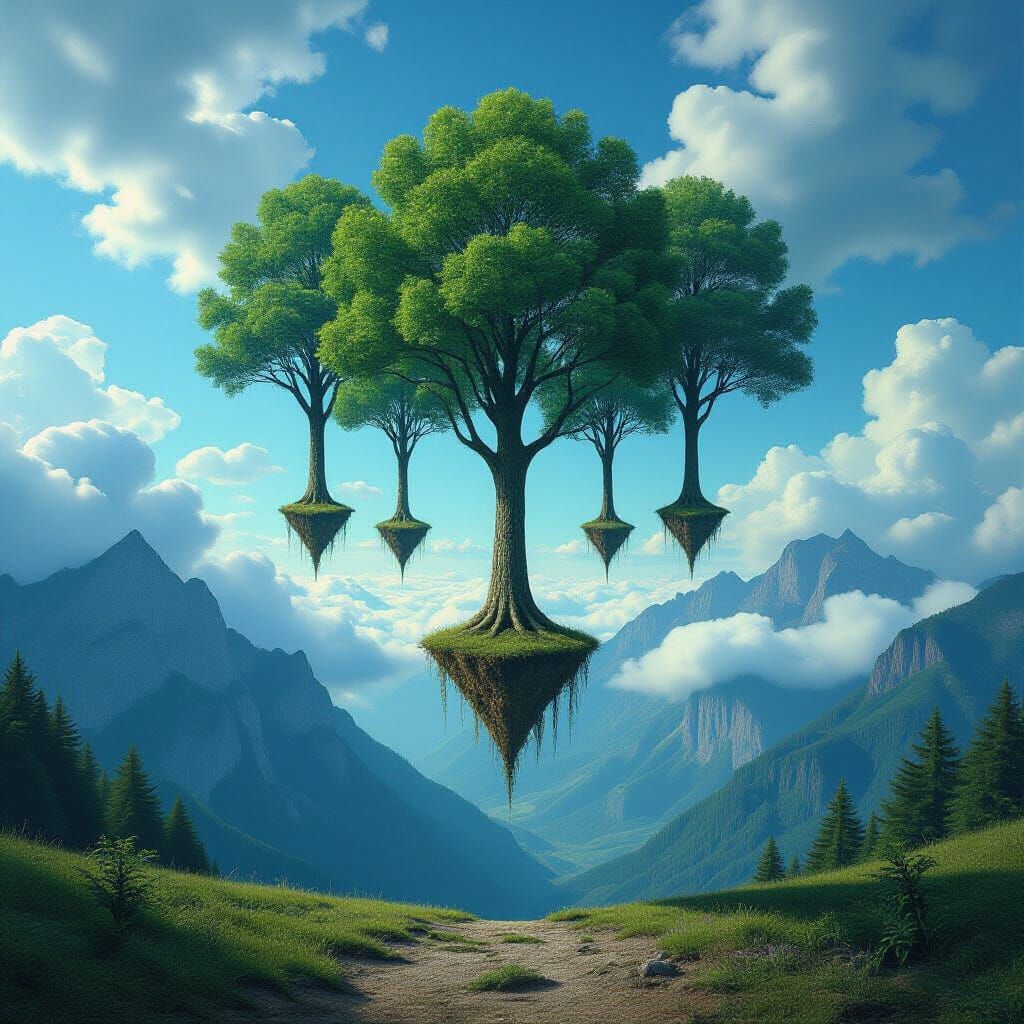 Surreal Inverted Forest Descends from Sky Above Mountains