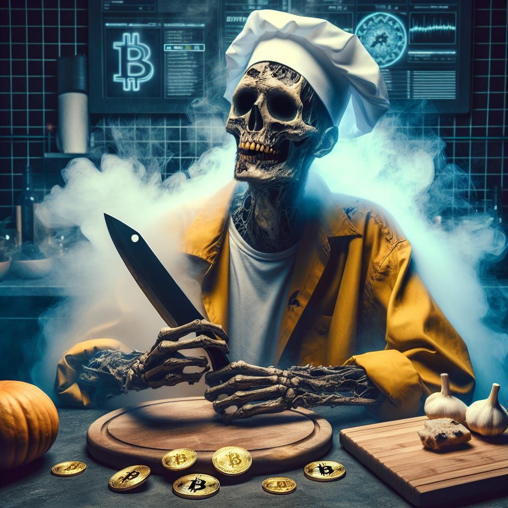 An Undead Chef in a blockchain kitchen, yellow chef jacket , his body smoking and he is holding a golden chef knife in his hand
