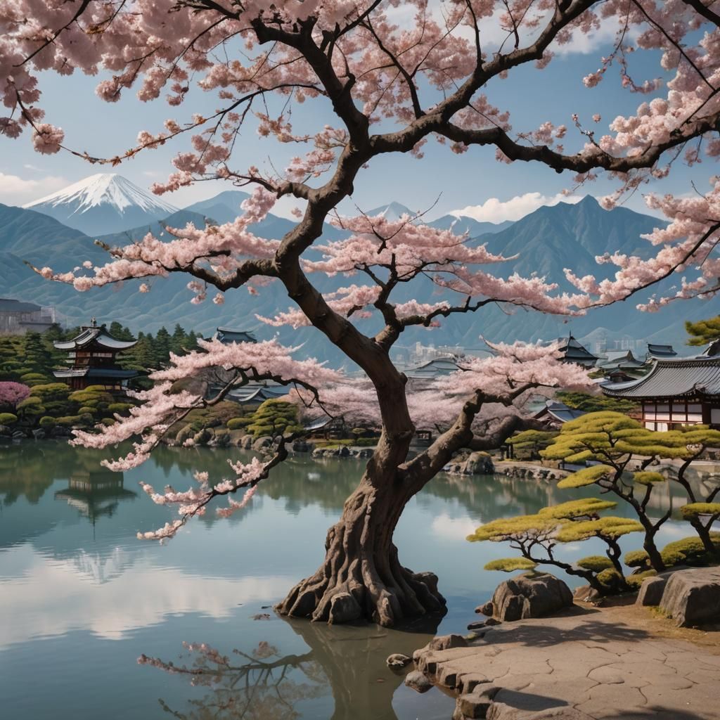 A beautiful ancient sakura tree in front of a lake. Mountain...