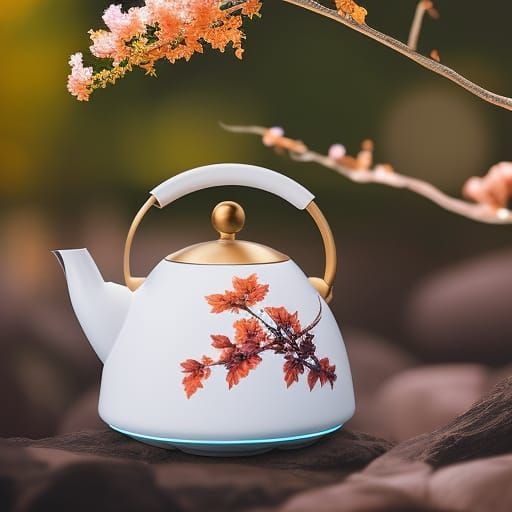 Tree tea kettle 🫖, distinct lighting, detailed matte painti...