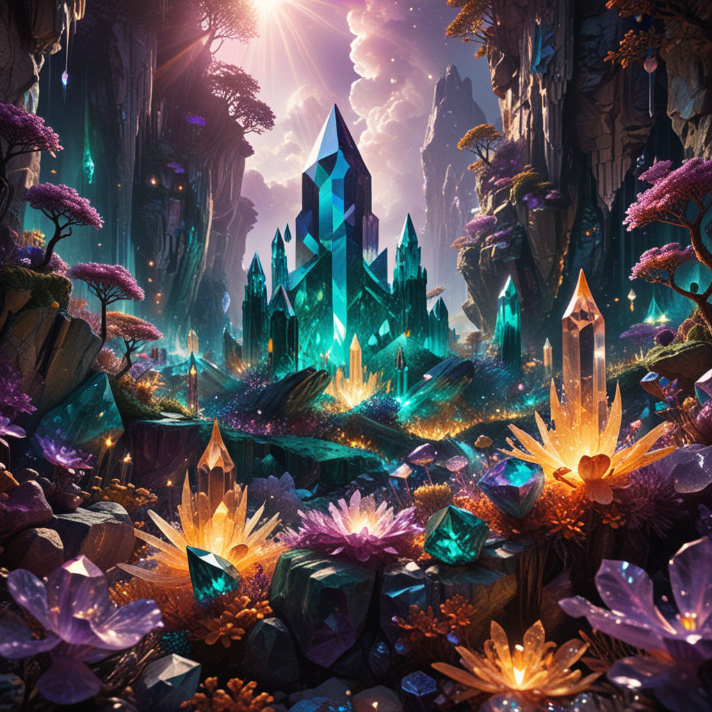 "Design a breathtaking gemstone landscape, where the entire terrain is composed of sparkling crystals ...  by @Pjrockey