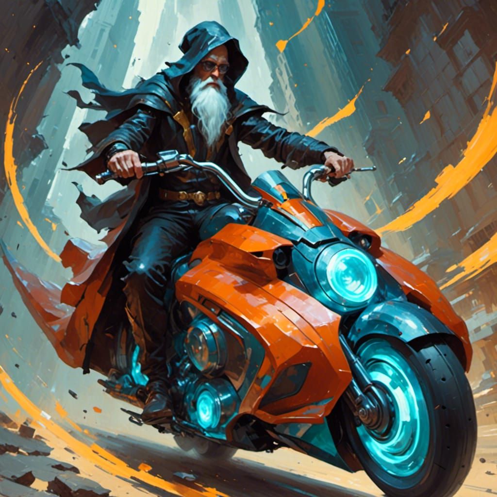 A wizard riding a futuristic motorcycle. <lora:Stellar Brews:1.0> 