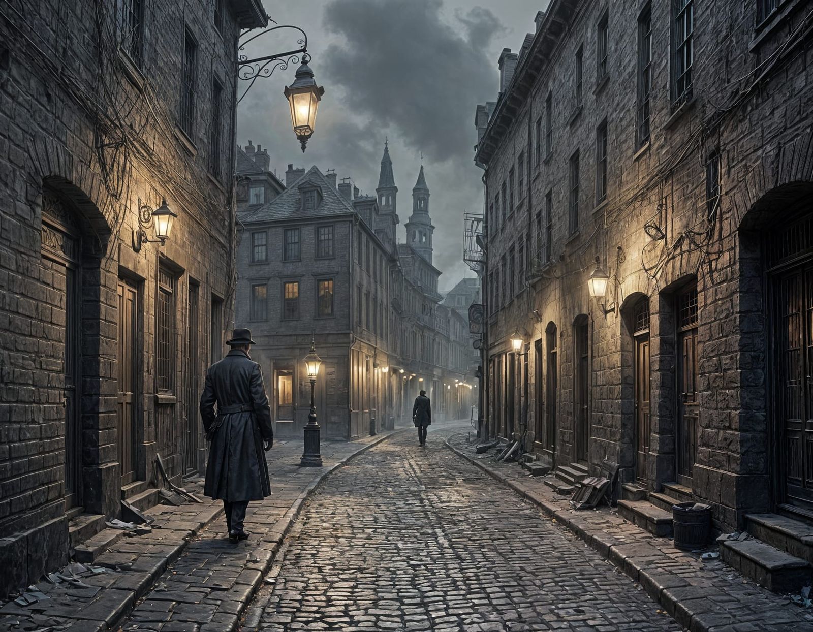 A moody, 19th-century urban scene inspired by *Crime and Punishment*. Narrow, shadowed streets wind through ...  by @undefined