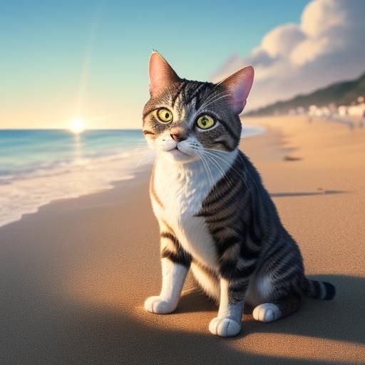 Cat on Beach in Hyperrealistic Splash Art