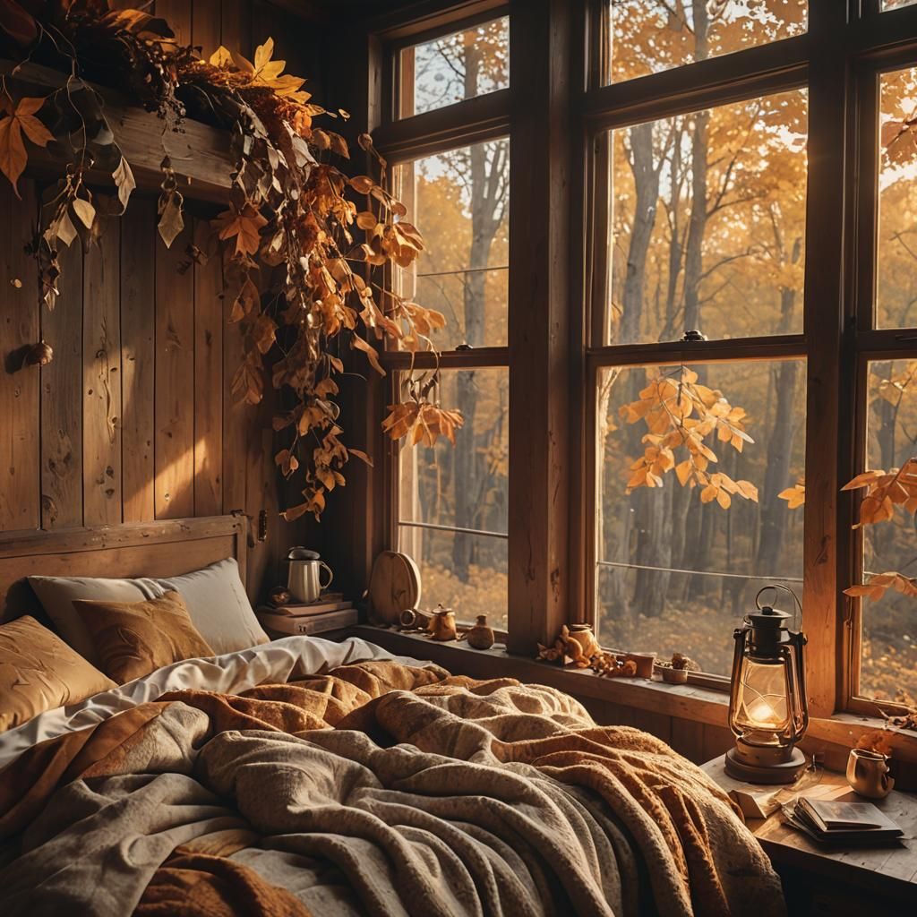 Cozy Autumn Bedroom with Golden Hour Lighting