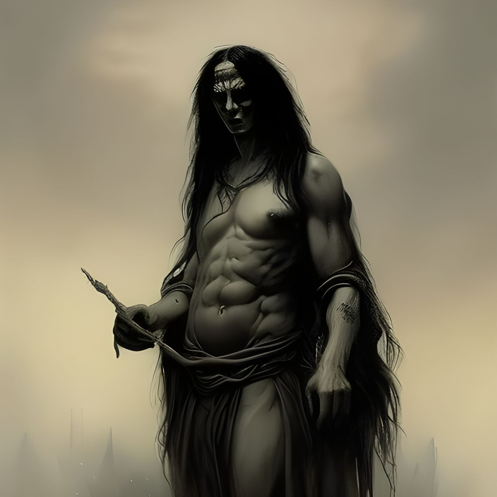 Tall pale scorpion man with long black hair