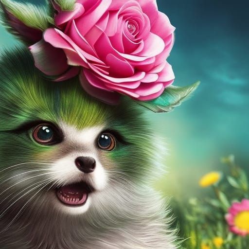 A Cute Minty Kitty in the Flower Field and a Huge Rose on th...