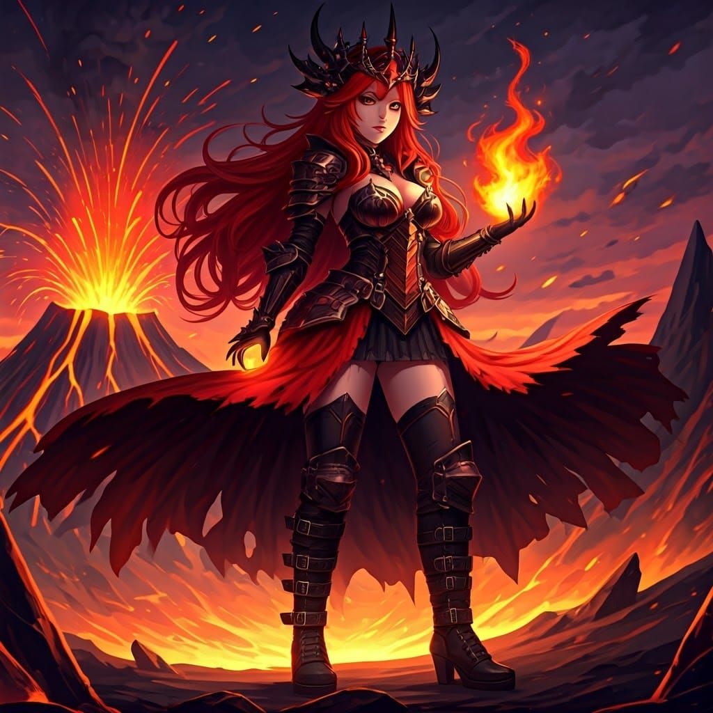 Anime Fire Princess with Obsidian Crown and Fiery Hair