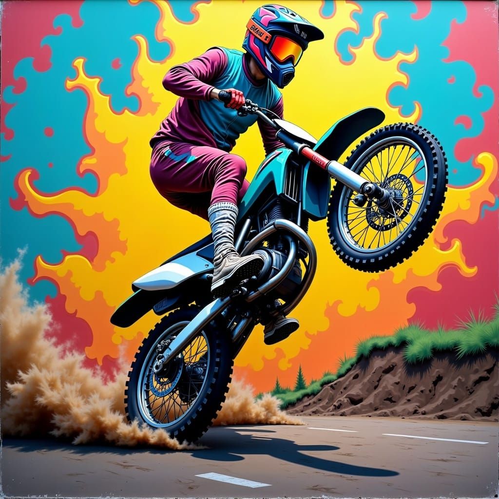 <lora:GraffitiPiece FL:1.0> A rider in a bright helmet and goggles, gripping the handlebars of a dirt bike mid-jump, dust trailing behind....
