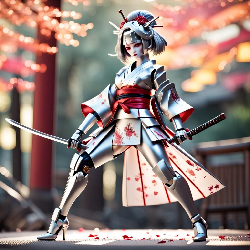 A silver bright robo samurai fall in love a beautiful geisha with high