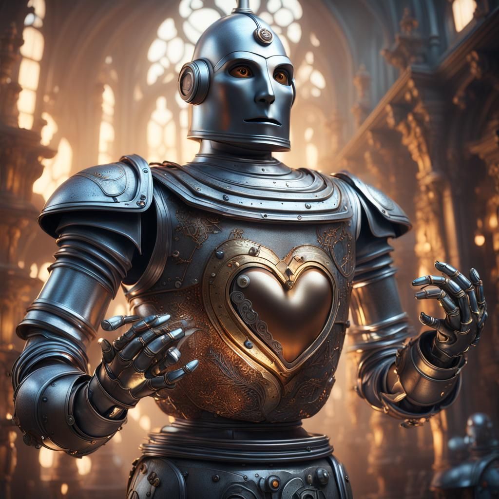 a tin man with a realistic heart, showcasing a blend of meta...