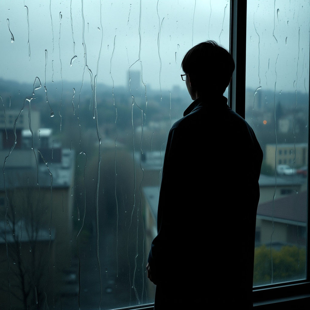 Melancholic Figure at Rain-Streaked Window in Dystopian Styl...