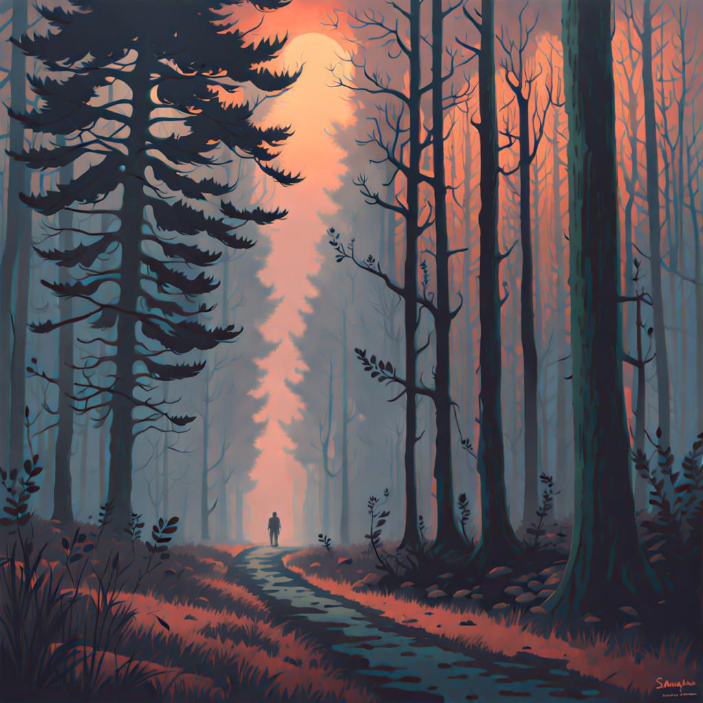 Spooky, foggy forest path at night. Simon Stålenhag