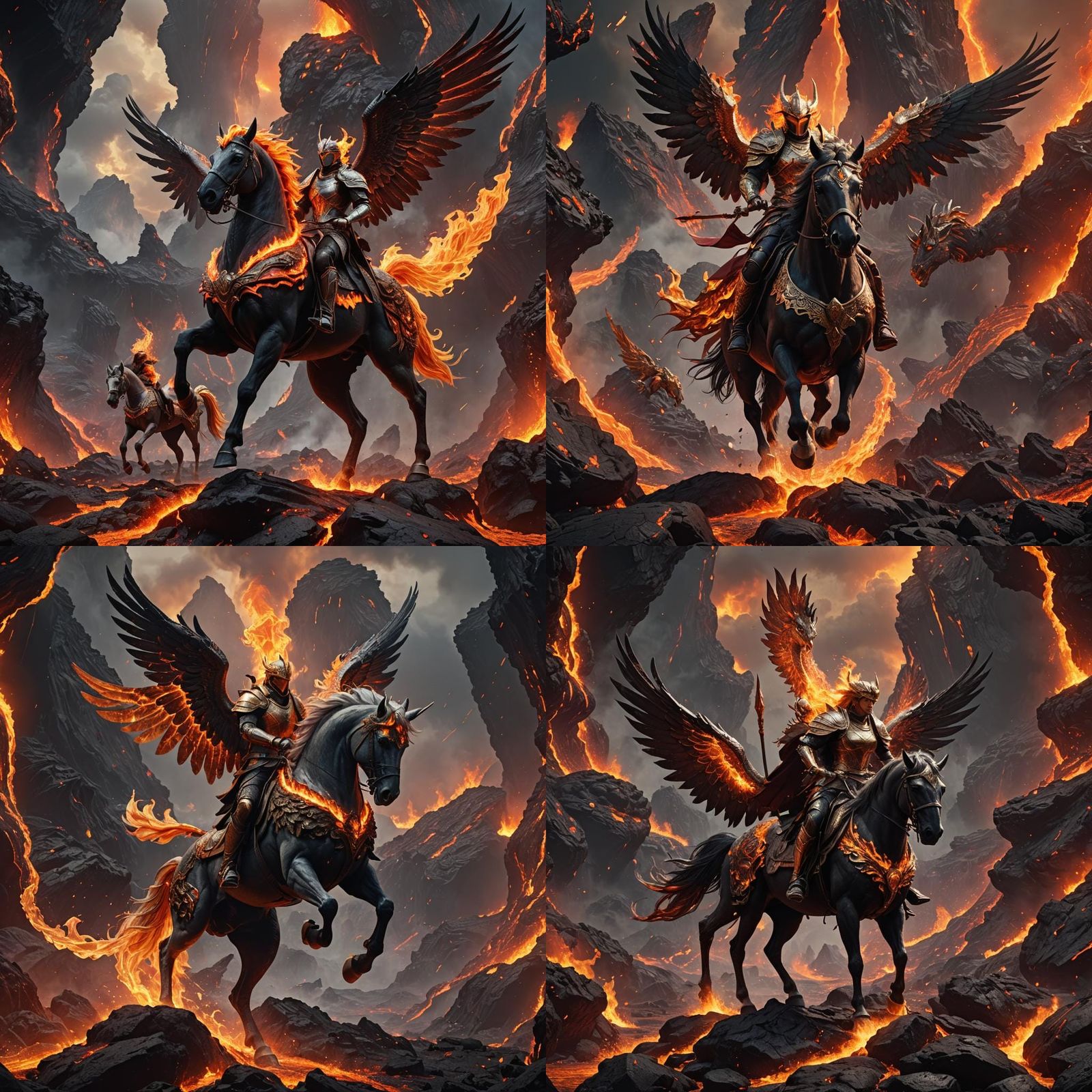 a firey pegasus emerges victorious from glowing lava, being ...