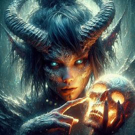 Demon Girl touching a mythical Skull