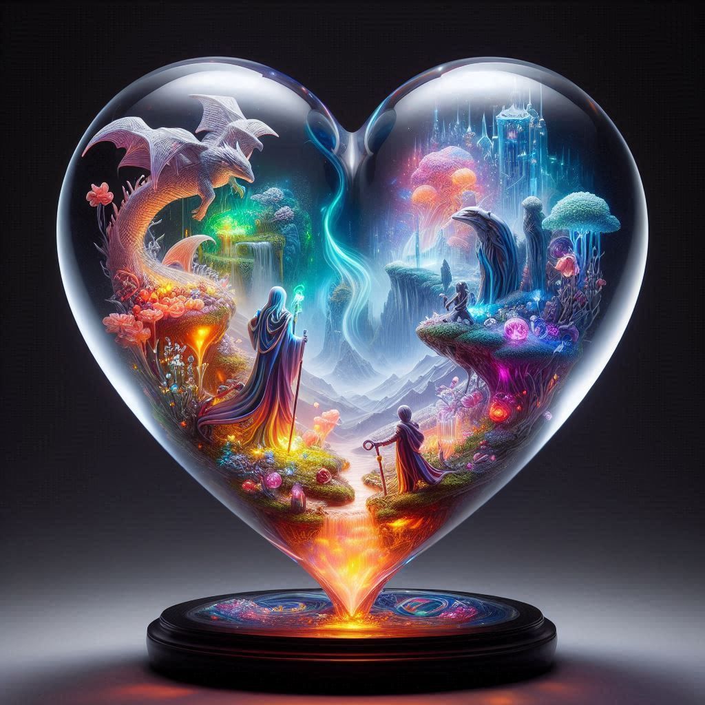 heart glass with fantasy scenery.