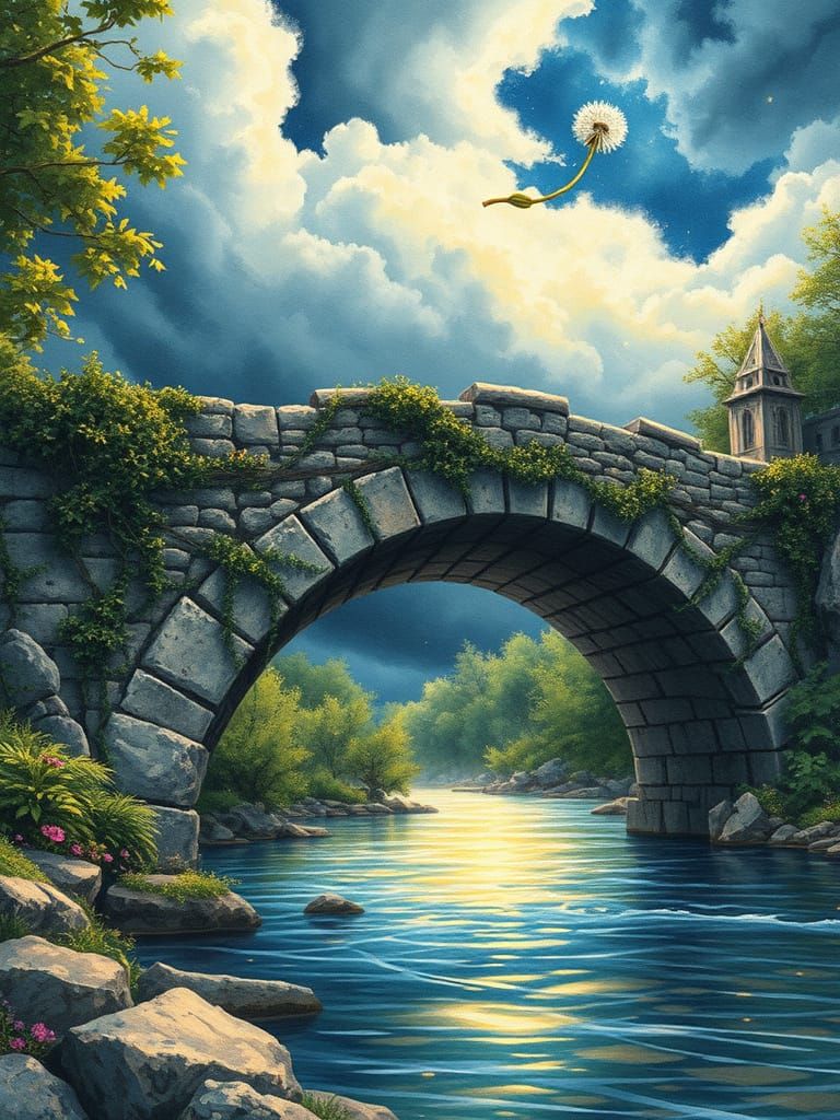 From a low, near-riverbank perspective, the ancient, weathered bridge arches nobly across a slow, shimmering ...  by @KiAi