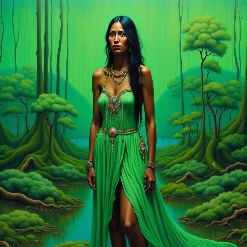  <lora:Native American Flux:1.0> Woman / background is shades of Green
