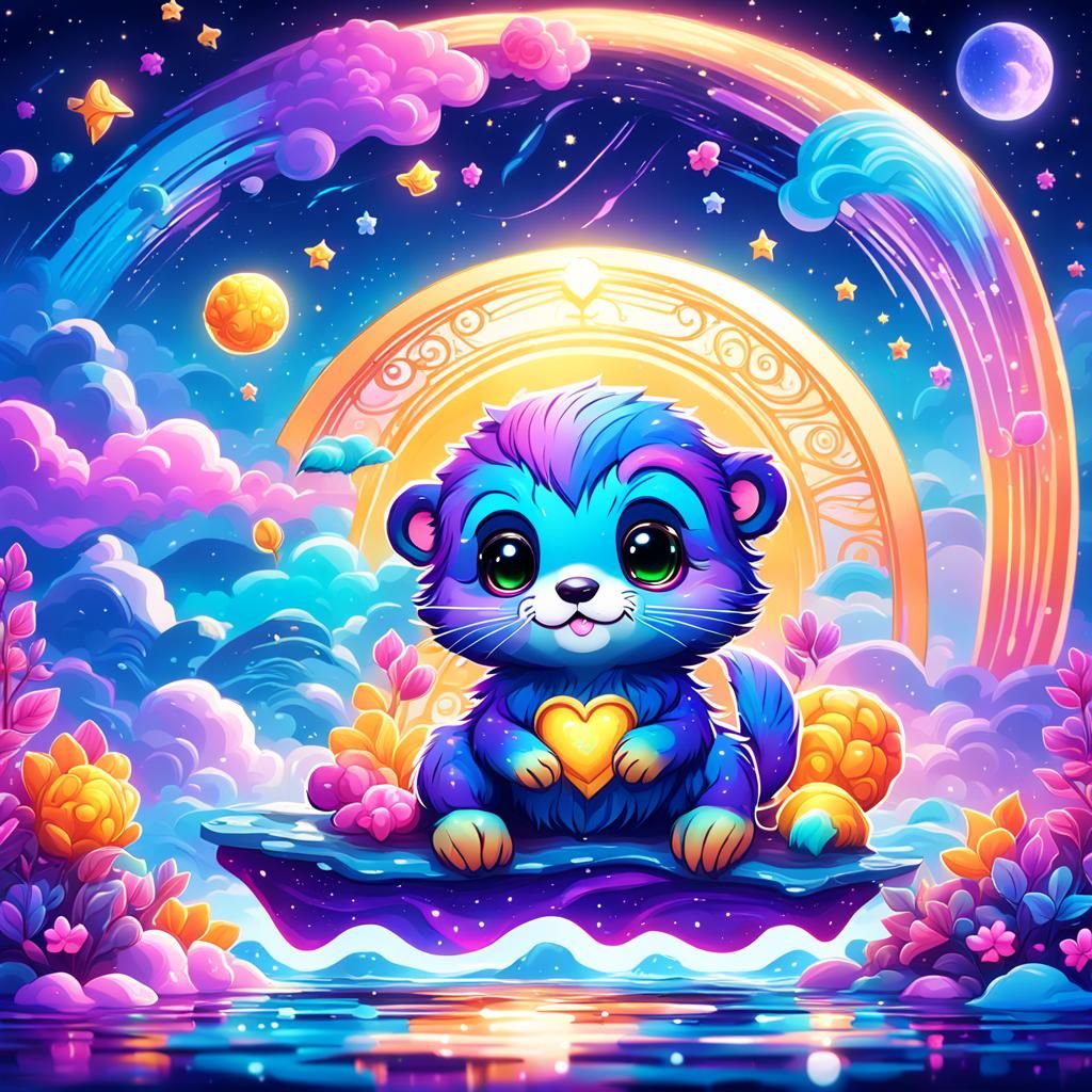 Cute chibi otter with a night sky Lisa frank style