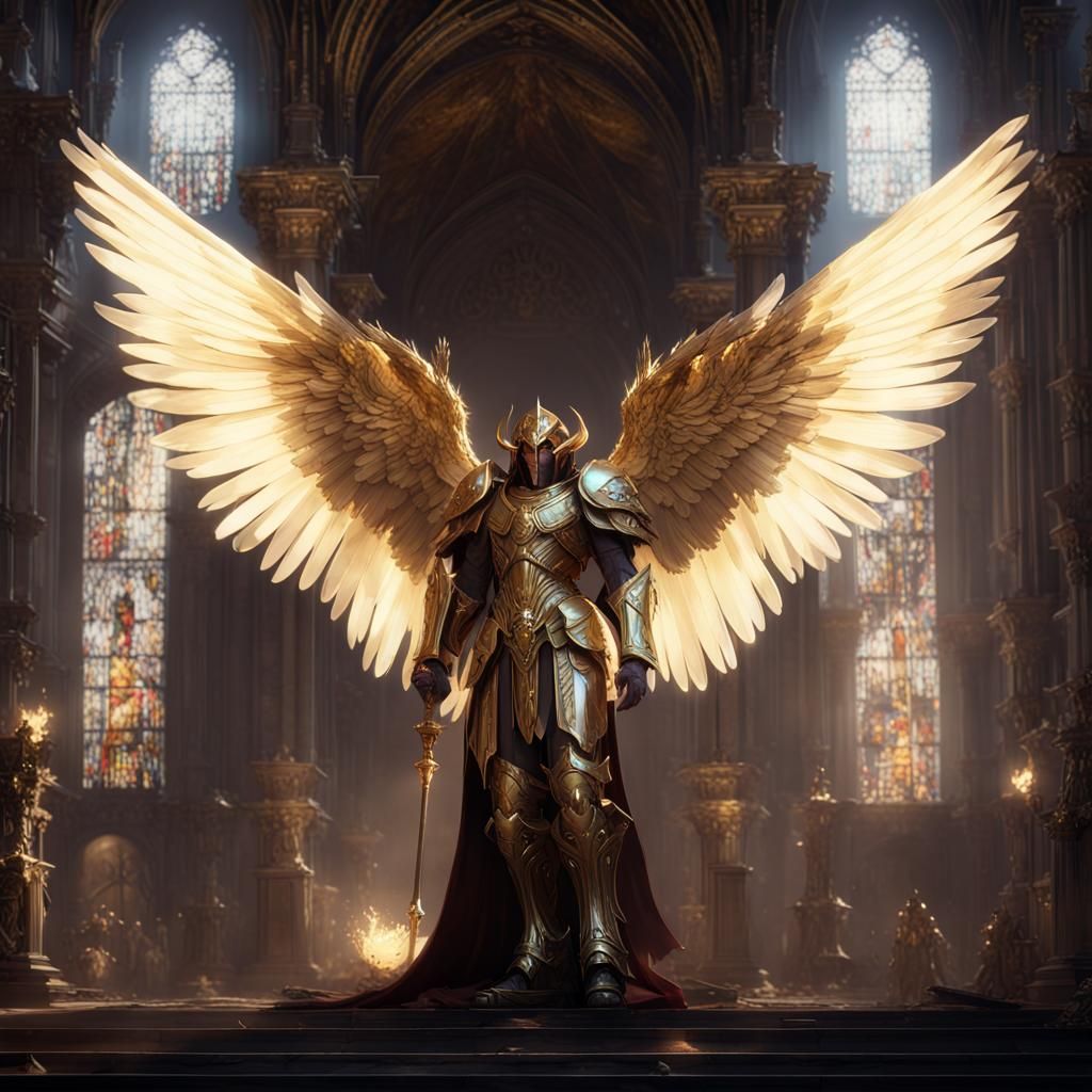 The angel sanguinius with a bight light behind hif angelic w...