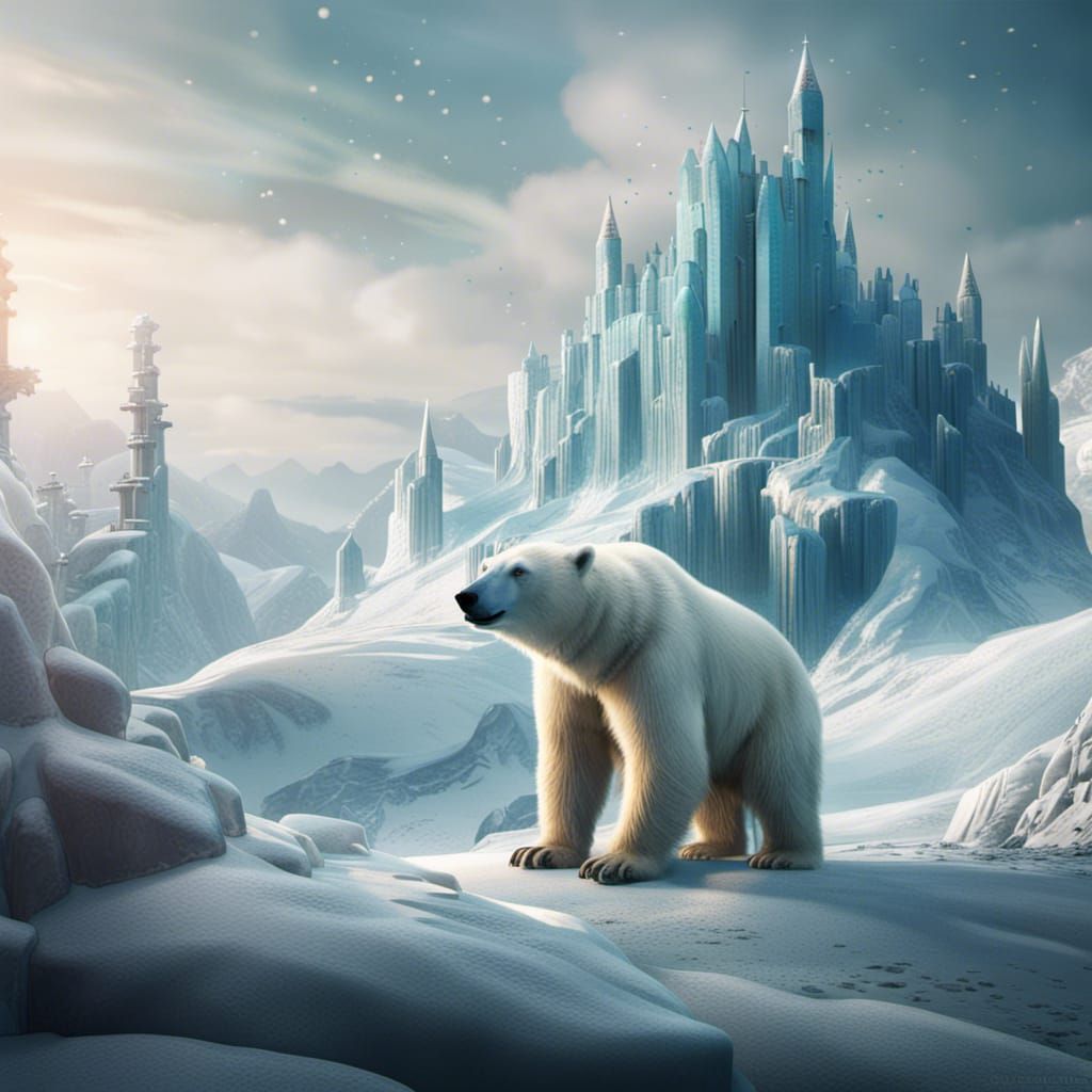 polar bear on icy mountain with an ice castle in the background  by @undefined
