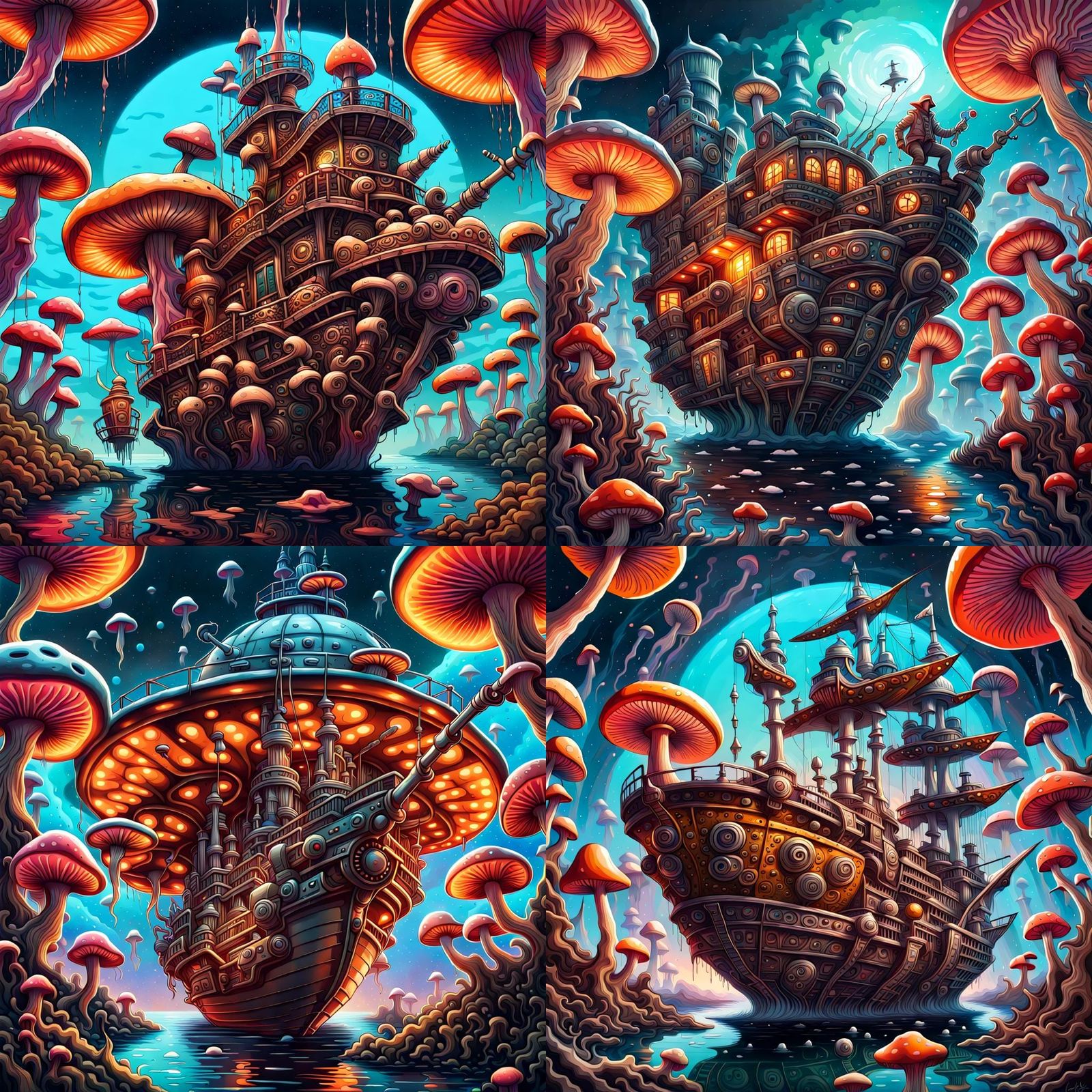 Space pirate ship floating around the psychedelic realm of mushrooms