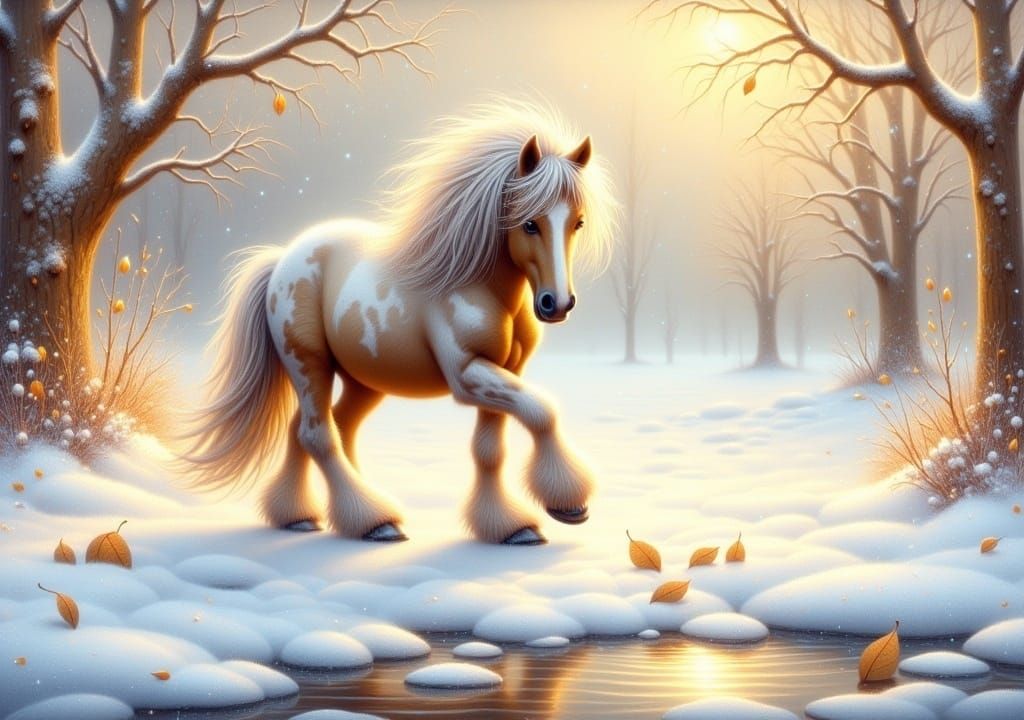 whimsical painterly fantasy artistic painting <lora:FiosFantasyGlow:1.0> of a dapple horse breed in the snow, scruffy windswept hair playing...
