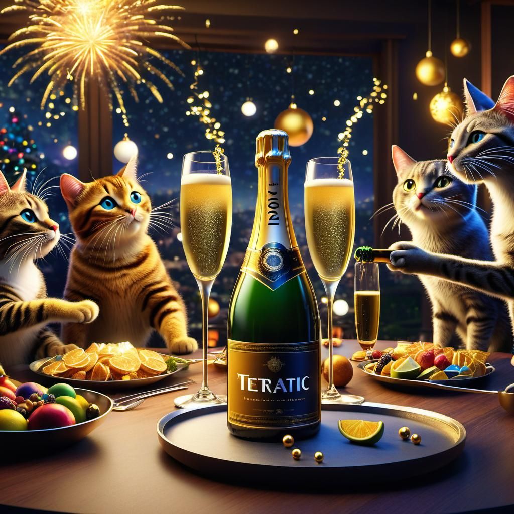 Cat Family Celebrating New Years S Eve 2024 At A Table Champagne   JVfrJrIjXTUaxO9pcSXr  1  Y5hcw 