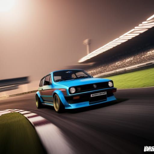 a 1980 vw scirocco on a racetrack winning