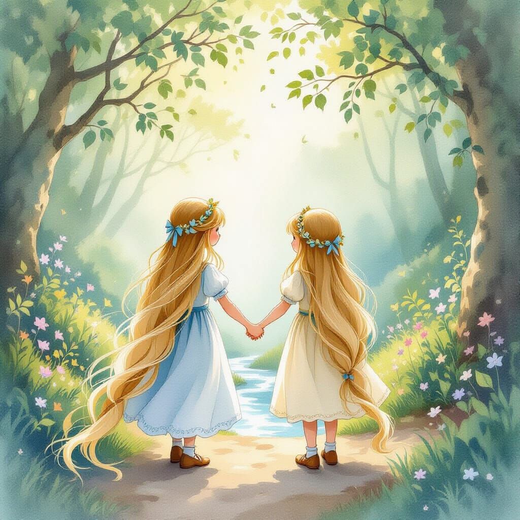 Whimsical Watercolor Girls in Enchanted Forest