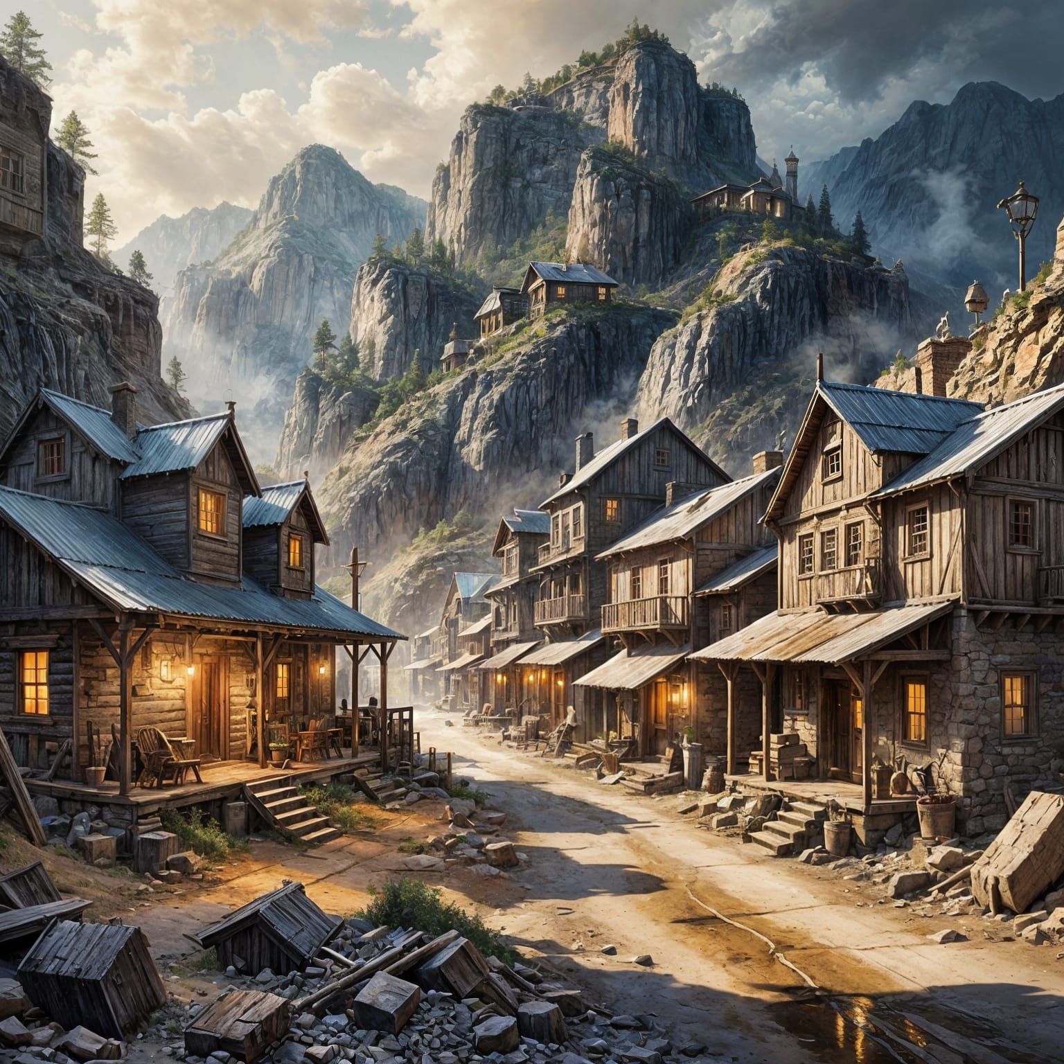 Ancient Mining Town in Watercolor Style