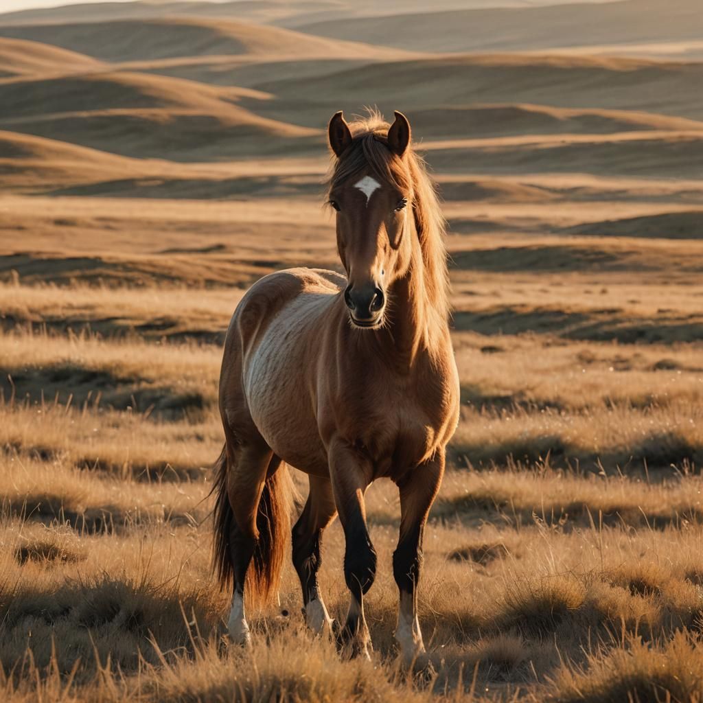 Wild Horse on Steppe in Golden Light