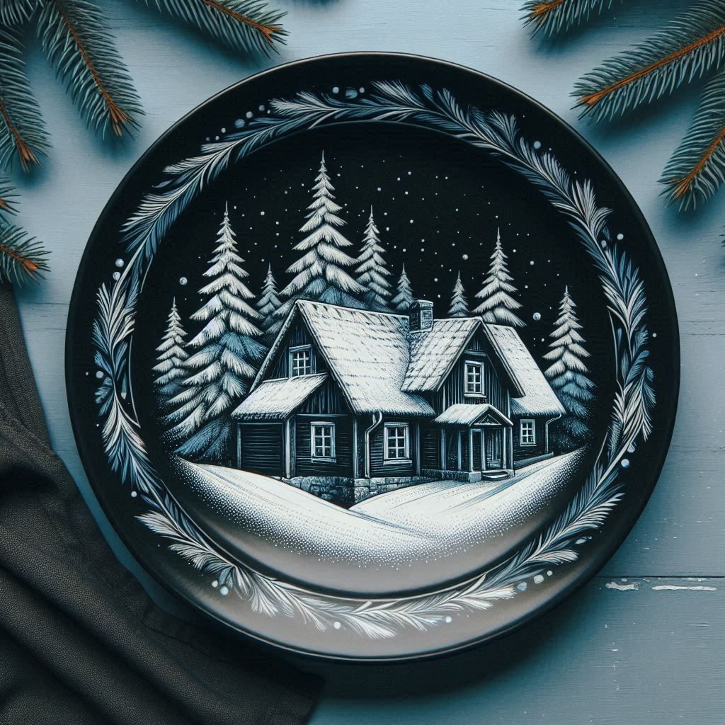 Dinner Plate Artwork Farmhouse w/Snow 3