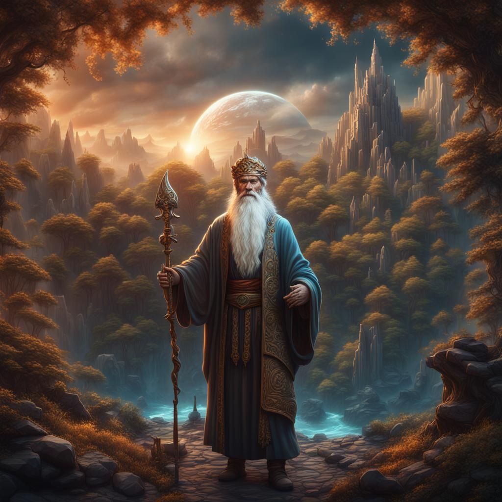 God as an beautiful and natural old men, he put his magic in...