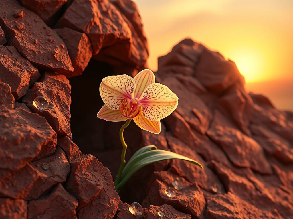 :A delicate orchid blooms from a crack in a desolate, Martian rock formation, bathed in the soft, ethereal ...  by @Valentine N__a
