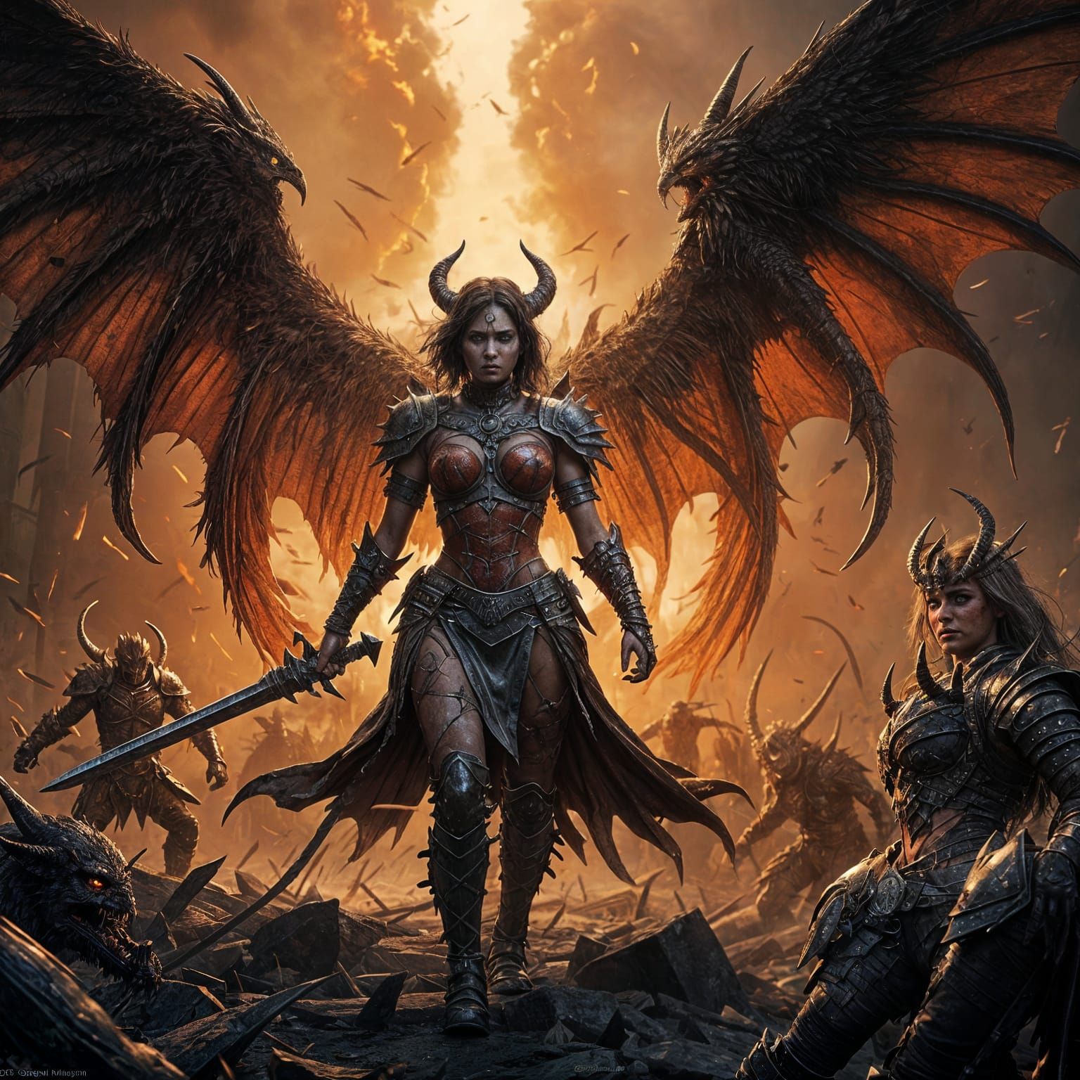 Warrior Woman and Fiery Crimson Demon in Battle