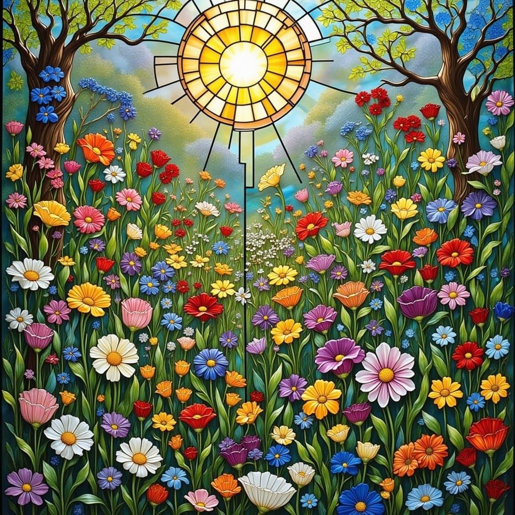  <lora:Stained Glass Flux:1.0> A spring garden full of flowers 