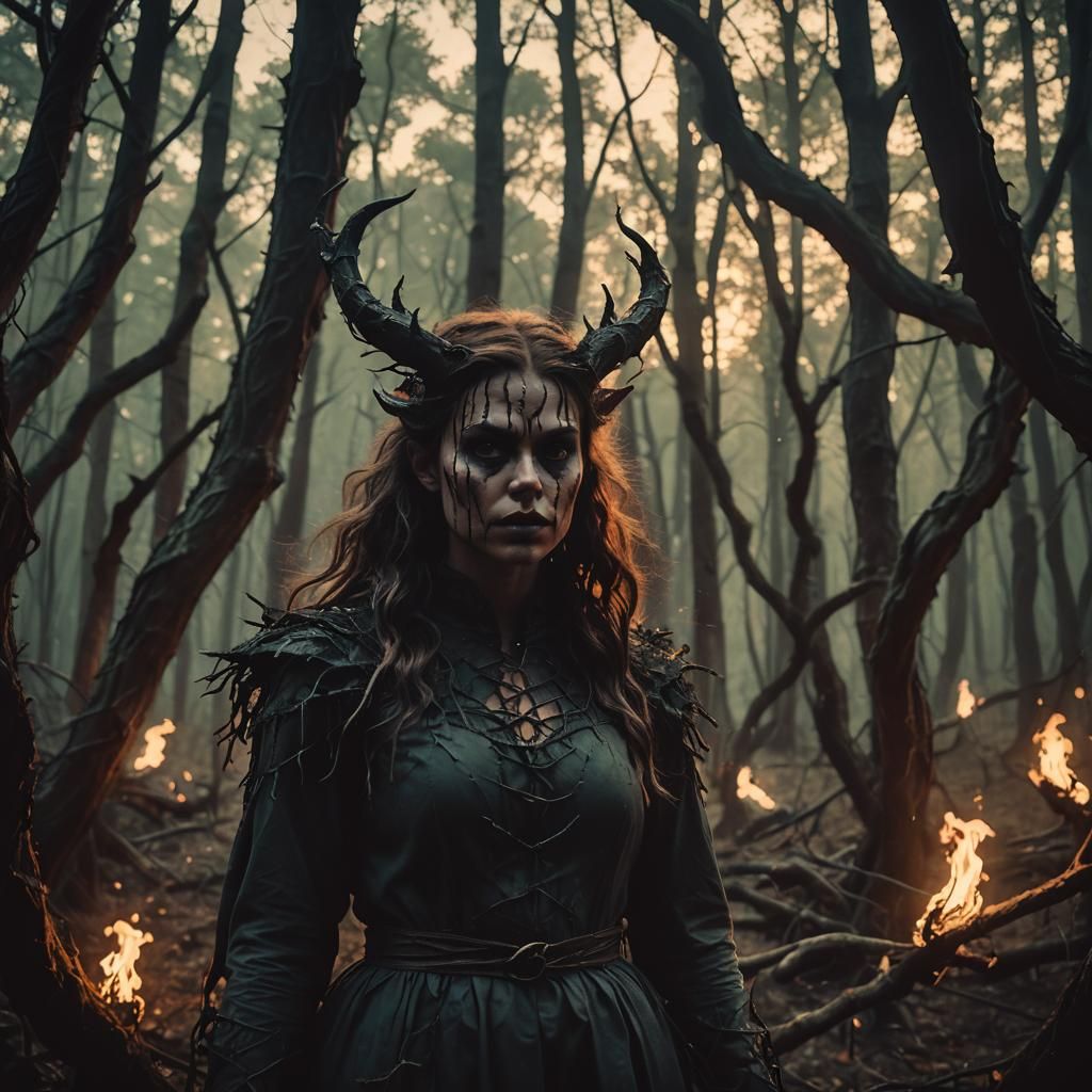 Demon Girl in Mystical Forest: Cinematic Film Still